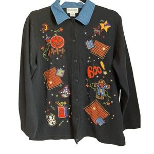 VTG HAMPSHIRE STUDIO Halloween Cardigan Collar Shirt Size M Embroidered Applique